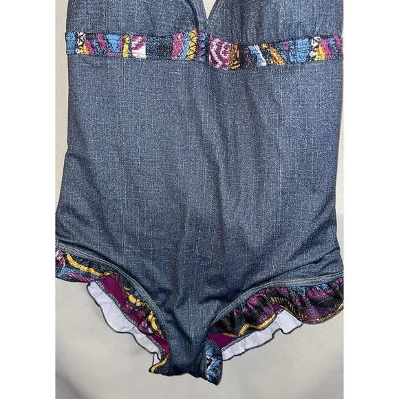 Coogi Size 16 One Piece Swimsuit Halter Top Denim Style Colorful Ruffles Beach - Picture 4 of 9